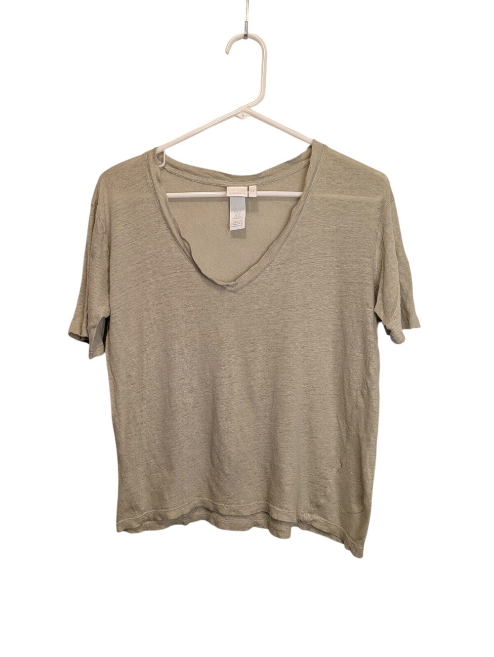 H&M Basics Women's 100% Linen V-Neck T-Shirt Olive Green XS